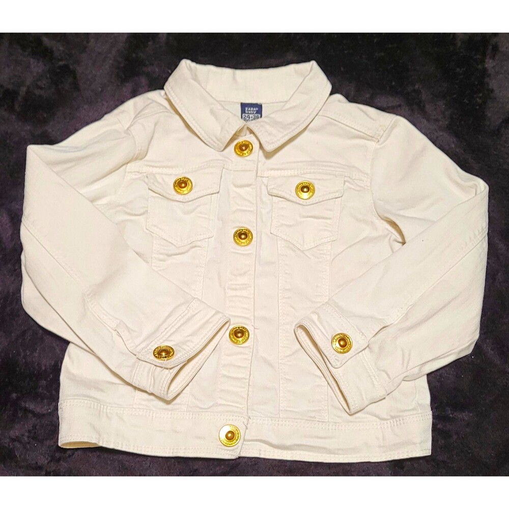 ZARA Baby Girl Size 24-36 Months Cream Denim Jacket Button Collared Pockets